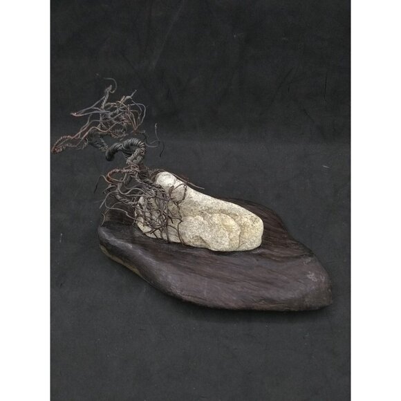 Handmade brutalist abstract modernist Metal Bonsai tree on rock & wood Artwork - Picture 4 of 11